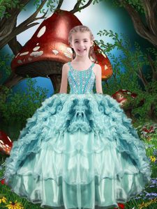 Perfect Aqua Blue Sleeveless Floor Length Beading and Ruffles and Ruffled Layers Lace Up Girls Pageant Dresses