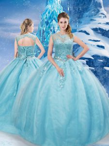 Trendy Aqua Blue Ball Gowns Tulle Scoop Sleeveless Beading Lace Up Quinceanera Dress Brush Train