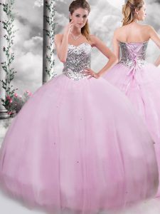 Pretty Lilac Lace Up Sweetheart Beading Quinceanera Dresses Tulle Sleeveless Brush Train