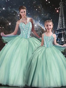Eye-catching Turquoise Tulle Lace Up Sweetheart Sleeveless Floor Length Quinceanera Gown Beading