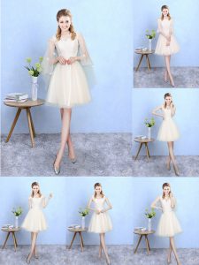 Great Knee Length Lace Up Court Dresses for Sweet 16 Champagne for Wedding Party with Lace