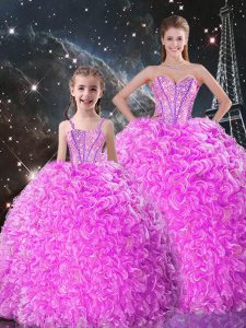 Colorful Lilac Ball Gowns Organza Sweetheart Sleeveless Beading and Ruffles Floor Length Lace Up 15th Birthday Dress