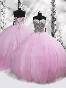 Lilac Ball Gowns Sweetheart Sleeveless Tulle Brush Train Lace Up Beading 15 Quinceanera Dress