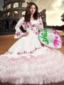 New Arrival Long Sleeves Lace Up Floor Length Embroidery and Ruffled Layers Quinceanera Dress