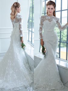 Lace High-neck Long Sleeves Brush Train Lace Up Lace Wedding Dresses in White