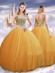 Ball Gowns Vestidos de Quinceanera Gold Spaghetti Straps Tulle Sleeveless Floor Length Lace Up