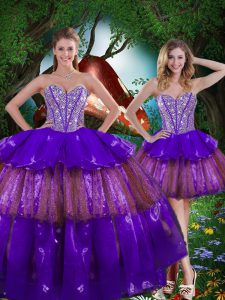 Multi-color Sleeveless Floor Length Beading and Ruffled Layers and Sequins Lace Up Vestidos de Quinceanera