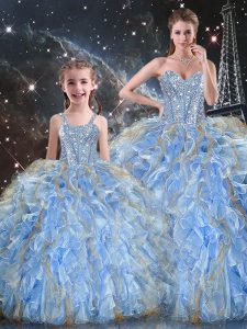 Floor Length Lace Up Quinceanera Gown Light Blue for Military Ball and Sweet 16 and Quinceanera with Beading and Ruffles