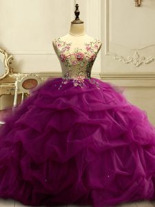 Scoop Sleeveless 15th Birthday Dress Floor Length Appliques and Ruffles and Sequins Fuchsia Organza