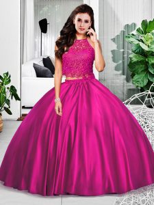 Fantastic Sleeveless Taffeta Floor Length Zipper Quinceanera Dresses in Fuchsia with Lace and Ruching