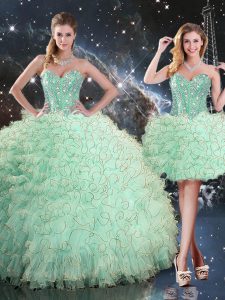 Floor Length Lace Up Quince Ball Gowns Apple Green for Military Ball and Sweet 16 and Quinceanera with Beading and Ruffl