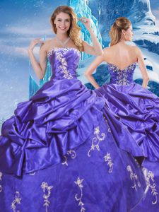 Sleeveless Taffeta Floor Length Zipper Sweet 16 Quinceanera Dress in Purple with Appliques and Pick Ups