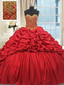 Lovely Red Taffeta Lace Up Sweet 16 Quinceanera Dress Sleeveless Brush Train Beading and Pick Ups