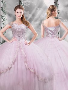 Lovely Lilac Sweet 16 Quinceanera Dress Tulle Brush Train Cap Sleeves Beading and Appliques