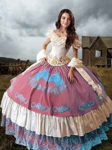 Multi-color Lace Up Off The Shoulder Embroidery and Ruffled Layers 15th Birthday Dress Taffeta Sleeveless Brush Train