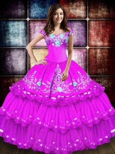Sleeveless Taffeta Floor Length Lace Up 15th Birthday Dress in Fuchsia with Embroidery and Ruffled Layers