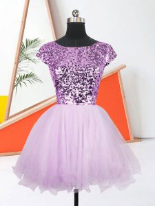 On Sale Bateau Sleeveless Prom Party Dress Mini Length Sequins Lilac Organza