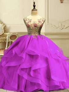 Fuchsia Sleeveless Appliques and Ruffles Floor Length Quinceanera Gown