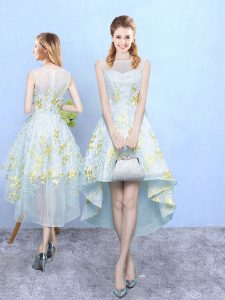 Tulle Scoop Sleeveless Zipper Appliques and Pattern Bridesmaid Dresses in Apple Green