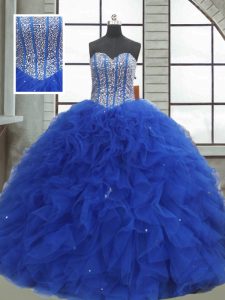 Floor Length Lace Up Ball Gown Prom Dress Royal Blue for Military Ball and Sweet 16 and Quinceanera with Beading and Ruf