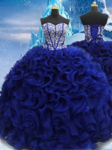 Fabric With Rolling Flowers Sweetheart Sleeveless Lace Up Beading Ball Gown Prom Dress in Royal Blue