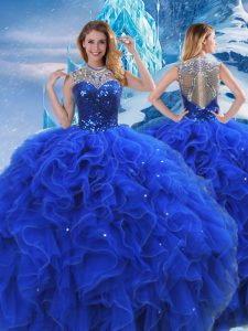 Royal Blue Organza Zipper Ball Gown Prom Dress Sleeveless Floor Length Ruffles and Sequins