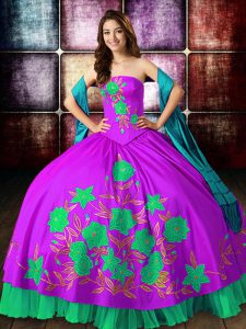 Multi-color Ball Gowns Satin Strapless Sleeveless Embroidery Floor Length Lace Up Quinceanera Dresses