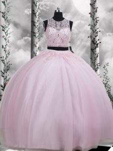 Floor Length Baby Pink Quinceanera Dresses Tulle Sleeveless Beading and Appliques