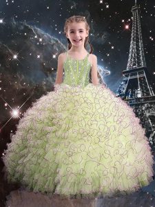 Olive Green Pageant Dress for Teens Quinceanera and Wedding Party with Beading and Ruffles Straps Sleeveless Lace Up