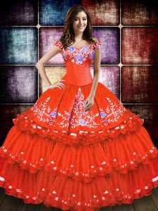 Customized Orange Red Sleeveless Floor Length Embroidery and Ruffled Layers Lace Up Quinceanera Dress