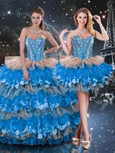 Multi-color Lace Up Sweetheart Beading and Ruffles and Ruffled Layers Sweet 16 Dress Organza Sleeveless