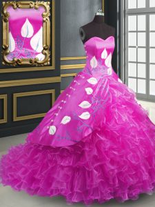 Perfect Fuchsia Sleeveless Organza Brush Train Lace Up Quinceanera Gowns for Military Ball and Sweet 16 and Quinceanera