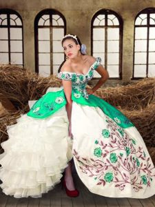 Glamorous Multi-color Lace Up Off The Shoulder Embroidery and Ruffled Layers Ball Gown Prom Dress Taffeta Sleeveless