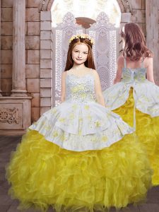 Customized Lace Up Evening Gowns Gold for Quinceanera and Wedding Party with Embroidery and Ruffles Brush Train