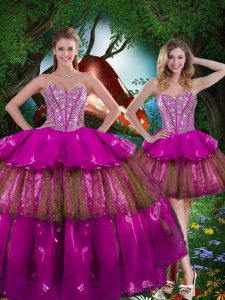 Multi-color Ball Gowns Sweetheart Sleeveless Organza Floor Length Lace Up Beading and Ruffled Layers and Sequins 15 Quin