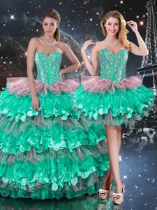 Inexpensive Multi-color Lace Up Sweetheart Beading and Ruffles and Ruffled Layers Vestidos de Quinceanera Organza Sleeve