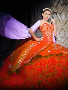 Orange Red Sleeveless Organza Brush Train Lace Up Quinceanera Gown for Military Ball and Sweet 16 and Quinceanera