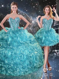 Aqua Blue Three Pieces Sweetheart Sleeveless Organza Floor Length Lace Up Beading and Ruffles Quinceanera Dress