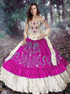 Fuchsia Ball Gowns Off The Shoulder Sleeveless Taffeta Floor Length Lace Up Embroidery and Ruffled Layers Sweet 16 Dress