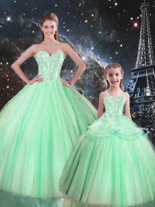 Sweet Apple Green Ball Gowns Tulle Sweetheart Sleeveless Beading Floor Length Lace Up Quince Ball Gowns