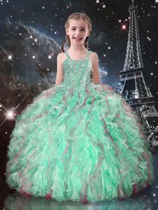 Turquoise Kids Formal Wear Quinceanera and Wedding Party with Beading and Ruffles Straps Sleeveless Lace Up