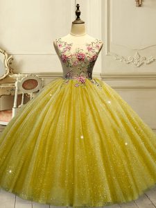 Latest Gold Tulle Lace Up Quinceanera Dresses Sleeveless Floor Length Appliques and Sequins