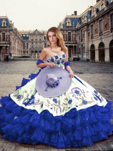 Royal Blue Ball Gowns Organza Sweetheart Sleeveless Embroidery and Ruffled Layers Floor Length Lace Up Quince Ball Gowns