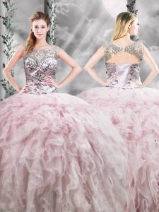 Fitting Floor Length Zipper Quinceanera Gown Pink for Military Ball and Sweet 16 and Quinceanera with Ruffles