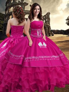 Comfortable Sleeveless Floor Length Embroidery and Ruffled Layers Zipper Quinceanera Gowns with Hot Pink