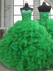 Custom Design Green Lace Up Sweet 16 Dress Beading and Ruffles Sleeveless Floor Length