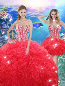 Noble Sleeveless Organza Floor Length Lace Up 15th Birthday Dress in Coral Red with Beading and Ruffles
