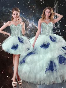 Blue And White Sweetheart Lace Up Beading and Ruffled Layers and Sequins 15 Quinceanera Dress Sleeveless