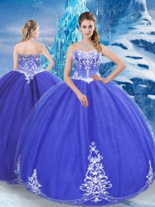 Blue Ball Gowns Tulle Sweetheart Sleeveless Appliques Floor Length Zipper Sweet 16 Quinceanera Dress