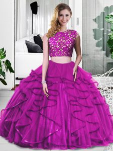Deluxe Floor Length Fuchsia Sweet 16 Dress Tulle Sleeveless Lace and Ruffles